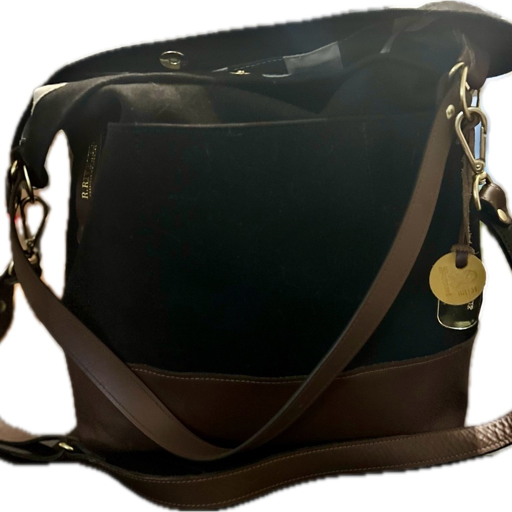 R. Riveter black canvas brown leather tote “Doyle”